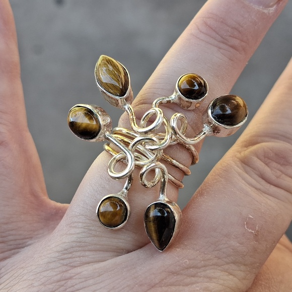 New Unique Twisted Tiger Eye 925 Silver Statement Ring. - Picture 4 of 13